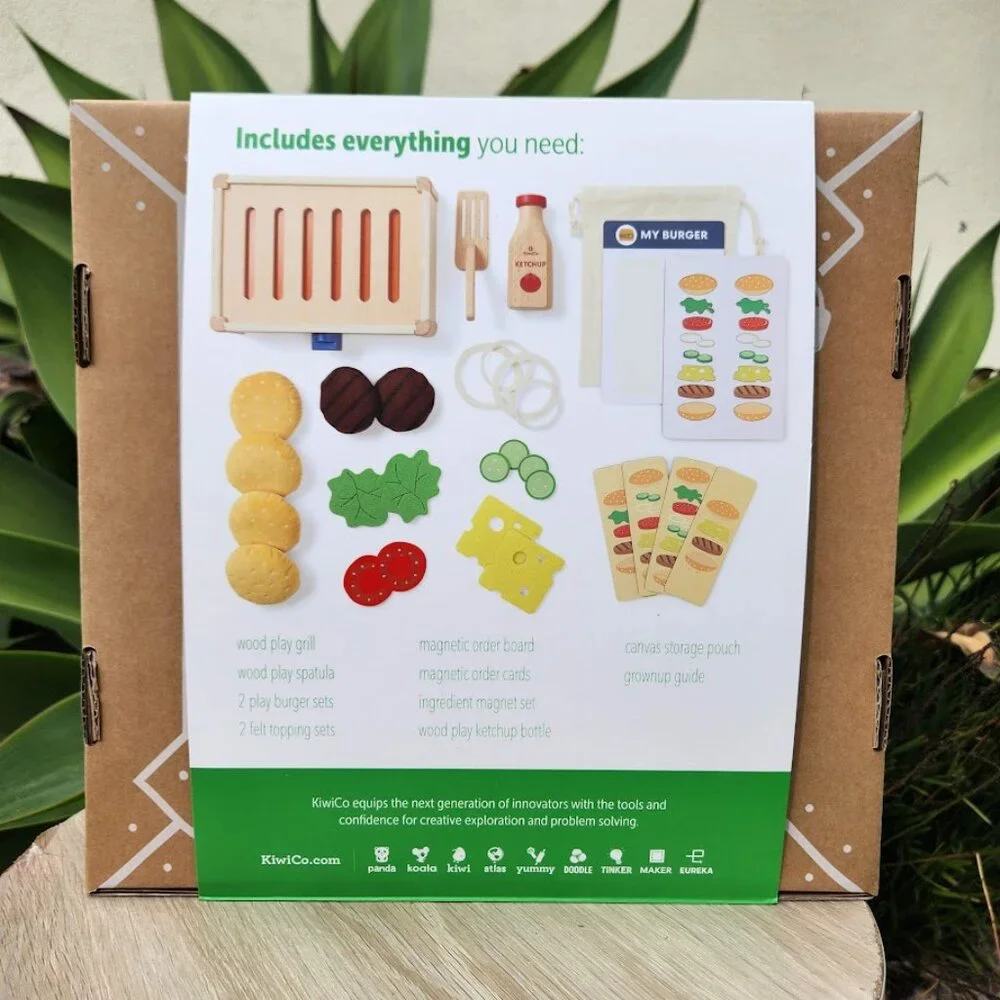 NEW KiwiCo Kiwi Co. Crate Build-a-Burger Grill Grilling Burger Kit Sequencing Pr